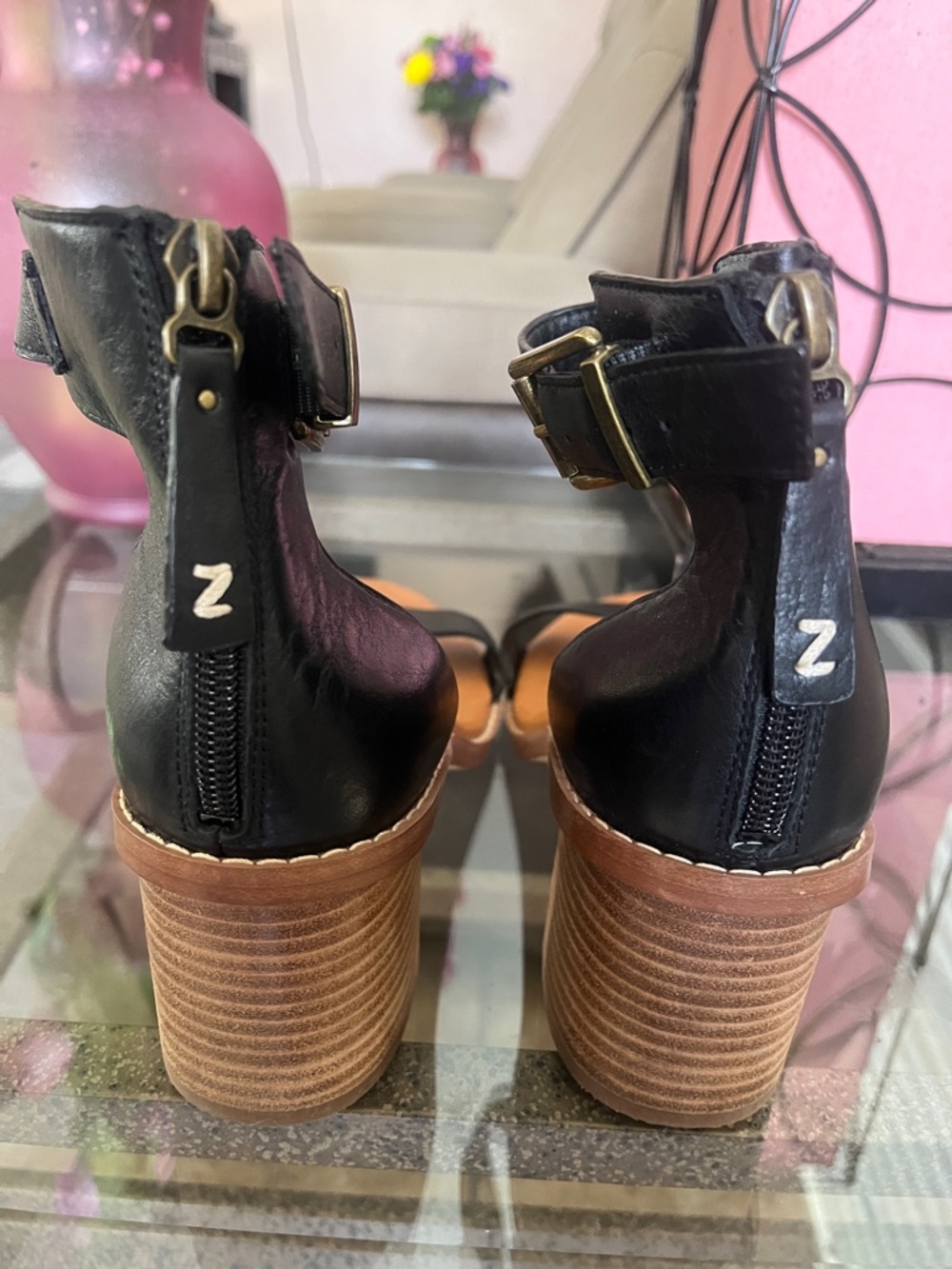 Zodiac Black Leather Ankle-Strap Sandals with Tan Footbed - Picture 4 of 6